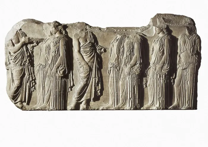 Framed Print : PHIDIAS (490 -431 BC). Organisers and ergastines (peplos-bearers): East frieze of the Parthenon. ca. 445 - 438 BC. Relief from the east frieze of the Parthenon