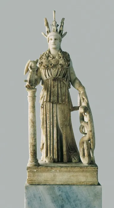 Framed Print : PHIDIAS (490 -431 BC). Varvakeion Athena. 448 BC. Roman copy of 2nd c. AD of the original chryselephantine statue, the Athena Parthenos. Classical Greek art. Sculpture on marble
