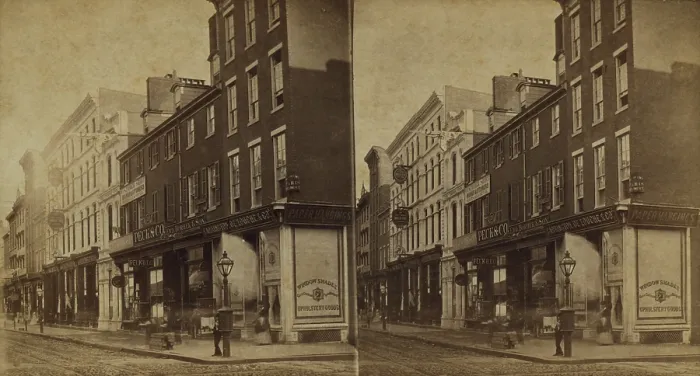 Framed Print : Philadelphia in 1870. Stereoscopic view of Chestnut Street below 11th street on the South Side. Shops sell consumer goods and clothing