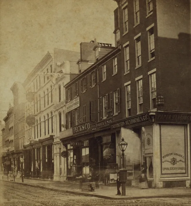 Framed Print : Philadelphia in 1870. Stereoscopic view of Chestnut Street below 11th street on the South Side. Shops sell consumer goods and clothing Framed Print : Philadelphia in 1870. Stereoscopic view of Chestnut Street below 11th street on the South Side. Shops sell consumer goods and clothing