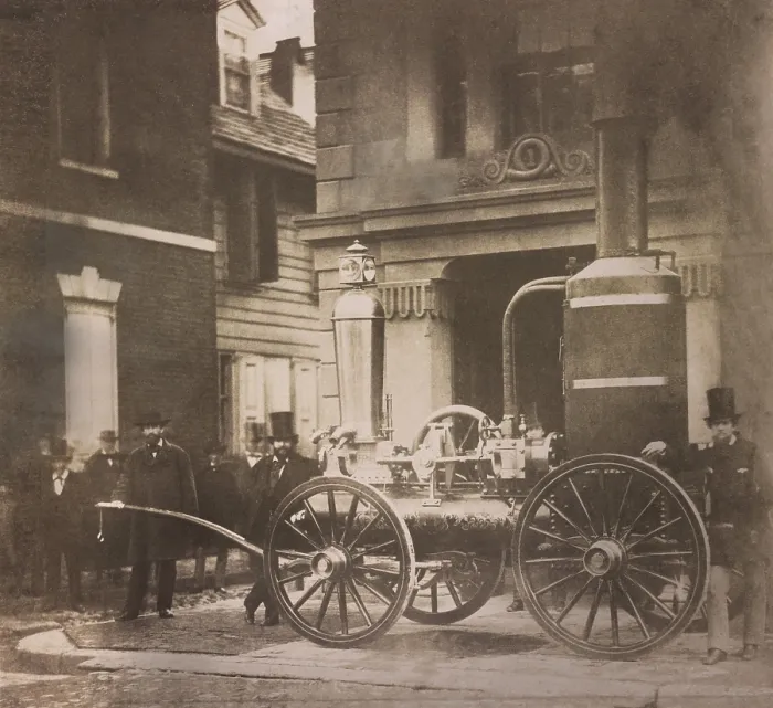 Framed Print : Philadelphia fire company poses with an early mobile steam pressurized water pump in the 1850s Framed Print : Philadelphia fire company poses with an early mobile steam pressurized water pump in the 1850s