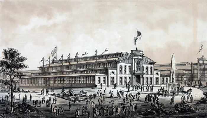 Framed Print : Philadelphia, The International Exposition 1876. Print showing exterior view of the 'Shoe & Leather Building' at the Centennial Exhibition in Philadelphia, Pennsylvania