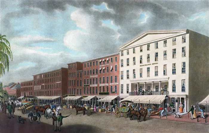 Framed Print : Philadelphia. A south east view of Merchants Hotel, north 4th St. Philada, 1840s