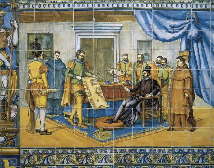 Framed Print : PHILIP II of Spain (1527-1598). Presentation of the new town planning of Valladolid to the King Philip II (10th May 1562). Tile panel from the School of Talavera. Ceramics. SPAIN