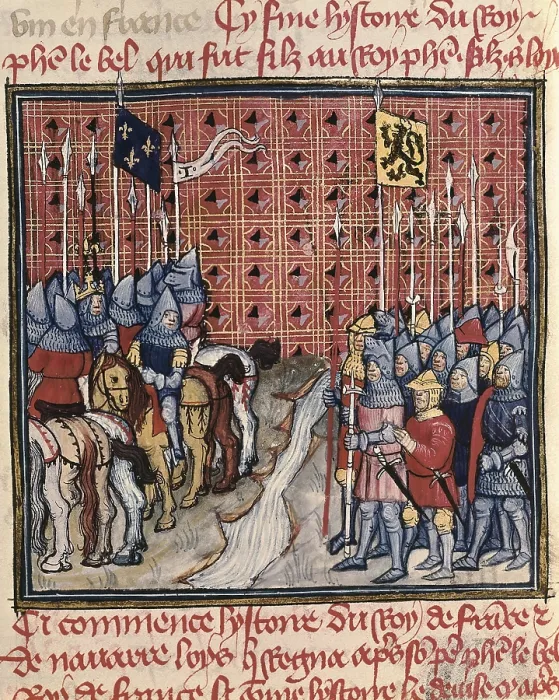 Framed Print : Philip V's army meeting Flanders troops. Illustration from 'Grandes Chroniques de France' (14th century). Gothic art. Miniature Painting. FRANCE. Chantilly