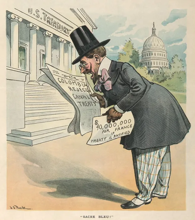 Framed Print : Philippe Bunau-Varilla reading that Colombia Rejects Canal Treaty. The political cartoon appeared in PUCK Magazine on Sept. 9, 1903