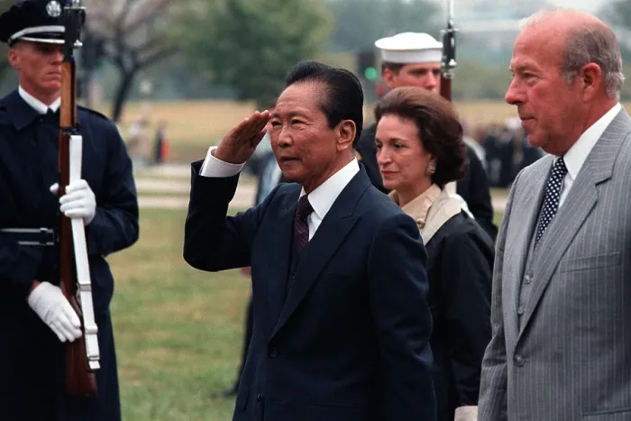 Framed Print : Philippine President Ferdinand E. Marcos is given a full honor departure ceremony after a state visit to the U.S. Secretary of State George Shultz is at far right. Sept Framed Print : Philippine President Ferdinand E. Marcos is given a full honor departure ceremony after a state visit to the U.S. Secretary of State George Shultz is at far right. Sept