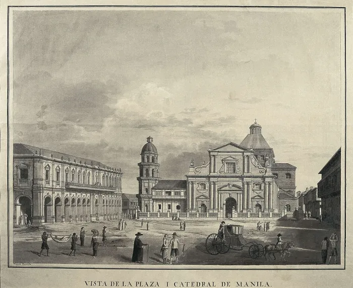 Framed Print : Philippines (18th c.). Manila. Square and cathedral. Drawing by Fernando Brambila that illustrates the scientific expedition of Alejandro Malaspina (1789-1794). Litography. SPAIN