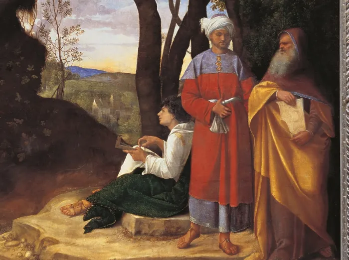 Framed Print : The Three Philosophers, by Giorgio da Castelfranco known as Giorgione, 1507 - 1510 about, 16th Century, oil on canvas, cm 123, 5 x 144, 5 - Austria, Wien, Kunsthistorisches Museum Framed Print : The Three Philosophers, by Giorgio da Castelfranco known as Giorgione, 1507 - 1510 about, 16th Century, oil on canvas, cm 123, 5 x 144, 5 - Austria, Wien, Kunsthistorisches Museum