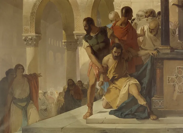 Framed Print : Photios, escaped from prison and taken refuge in the temple of the Holy Wisdom in Constantinople, he is torn in force by order of Empress Theodora, by Eleuterio Pagliano Framed Print : Photios, escaped from prison and taken refuge in the temple of the Holy Wisdom in Constantinople, he is torn in force by order of Empress Theodora, by Eleuterio Pagliano