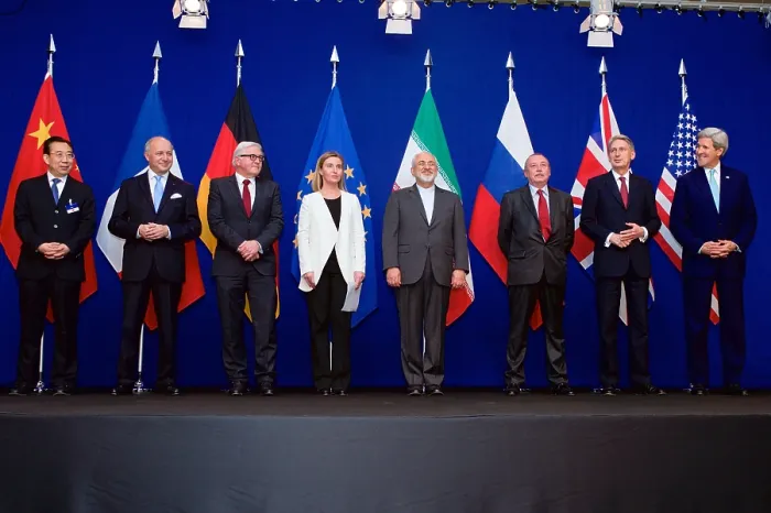 Framed Print : Photo of the P5+1 member nations and Iranian officials at the end of negotiations, April 2, 2015