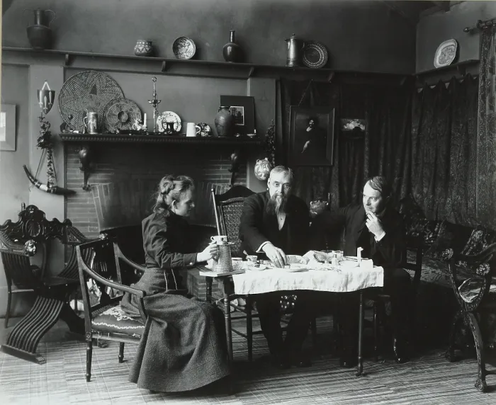 Framed Print : Photographer Frances Benjamin Johnston (1964-1952) having tea with writer Elbert Hubbard (1856-1915) (far right) and an unidentified man at her studio in Washington, D.C. ca