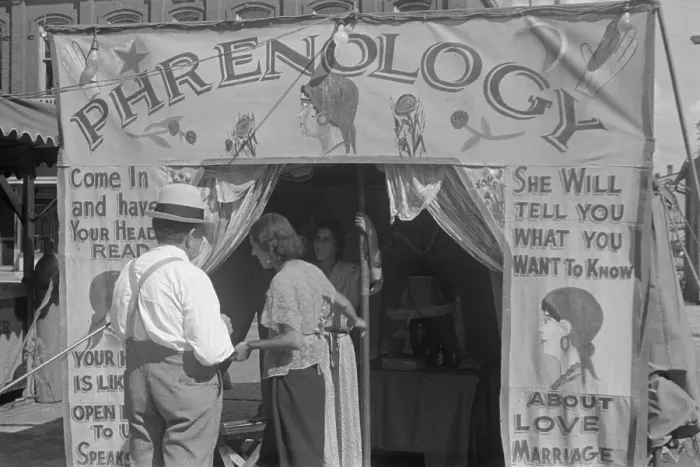 Framed Print : Phrenology reader's carnival attraction with invites people to Come in and Have Your Heads Read