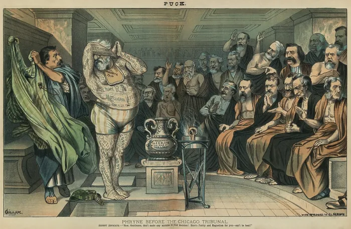 Framed Print : PHRYNE BEFORE THE CHICAGO TRIBUNAL, with apologies the J.L. Gerome, PUCK Magazine, June 4, 1884 Framed Print : PHRYNE BEFORE THE CHICAGO TRIBUNAL, with apologies the J.L. Gerome, PUCK Magazine, June 4, 1884