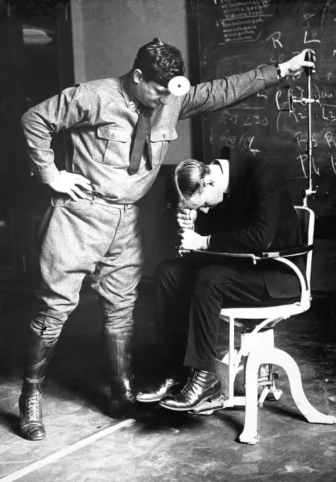 Framed Print : Physical examination of an aviation recruit's to the falling test'. It tests the sixth sense, that of equilibrium, the function of the labyrinth of the internal ear