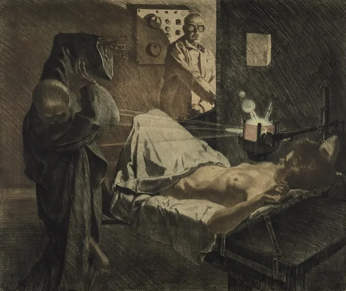 Framed Print : THE PHYSICIAN OF THE X-RAYS, depicts a physician using x-rays to repel Death, a skeleton wearing a shroud, as it approaches a nude young woman on an operating table. Ca