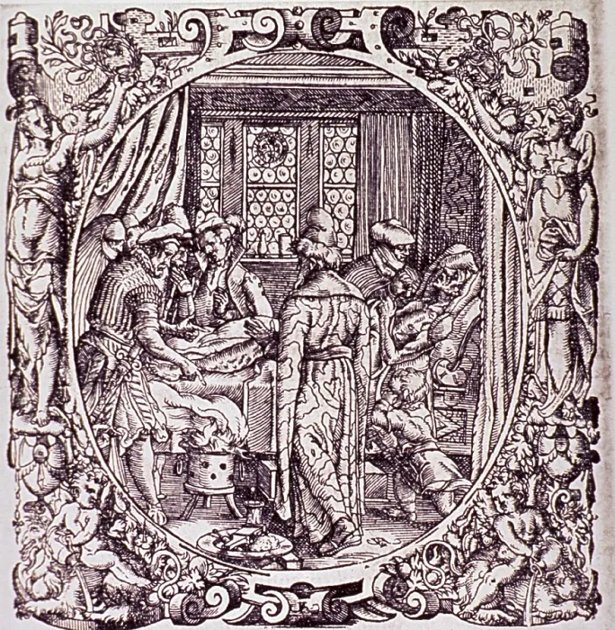 Framed Print : Physicians attending at bedside of dying man covered with sores. In the lower foreground are medical instruments. 1565 woodcut from Paracelsus's, OPUS CHYRURGICUM Framed Print : Physicians attending at bedside of dying man covered with sores. In the lower foreground are medical instruments. 1565 woodcut from Paracelsus's, OPUS CHYRURGICUM