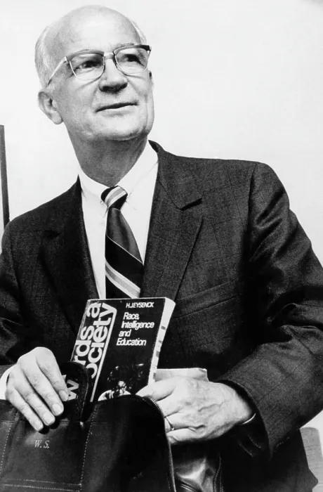 Framed Print : Physicist and inventor William Shockley, (1910-1989), holding Hans Eysenck's book Race, Intelligence and Education Framed Print : Physicist and inventor William Shockley, (1910-1989), holding Hans Eysenck's book Race, Intelligence and Education