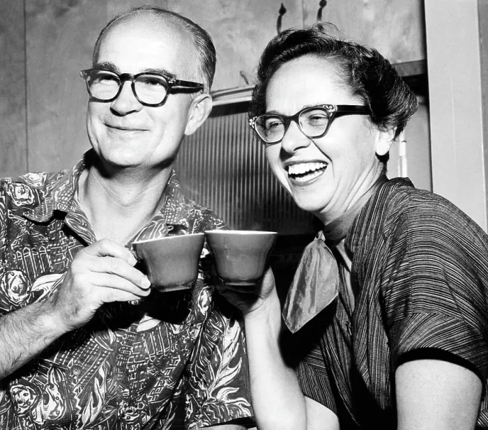 Framed Print : Physicist and inventor William Shockley (left), with his wife Emmy Lanning, after they learned that William won the Nobel physics prize for the invention of the transistor, 1956