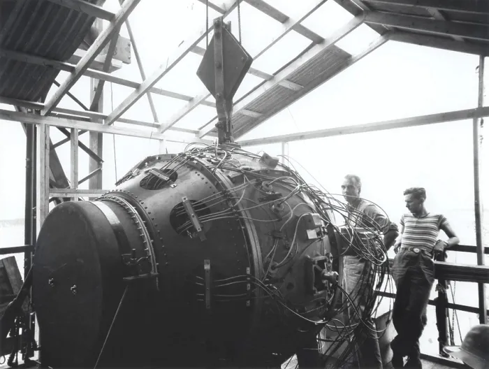 Framed Print : Physicists Norris Bradbury and Seth Neddermeyer with the Gadget, the Trinity Device Framed Print : Physicists Norris Bradbury and Seth Neddermeyer with the Gadget, the Trinity Device