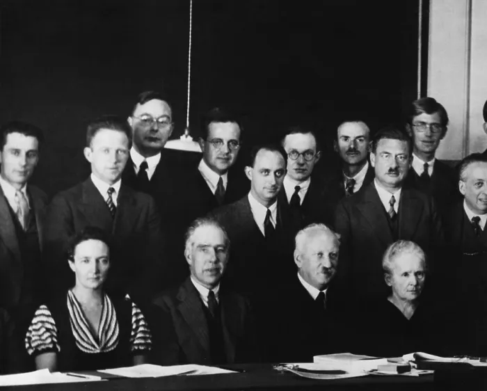 Framed Print : Physicists at the Seventh Solvay Physics Conference, Brussels, Belgium, October 1933. Seated, L-R: Irene Joliot-Curie, Niels Bohr, Abram Ioffe, Marie Curie Framed Print : Physicists at the Seventh Solvay Physics Conference, Brussels, Belgium, October 1933. Seated, L-R: Irene Joliot-Curie, Niels Bohr, Abram Ioffe, Marie Curie