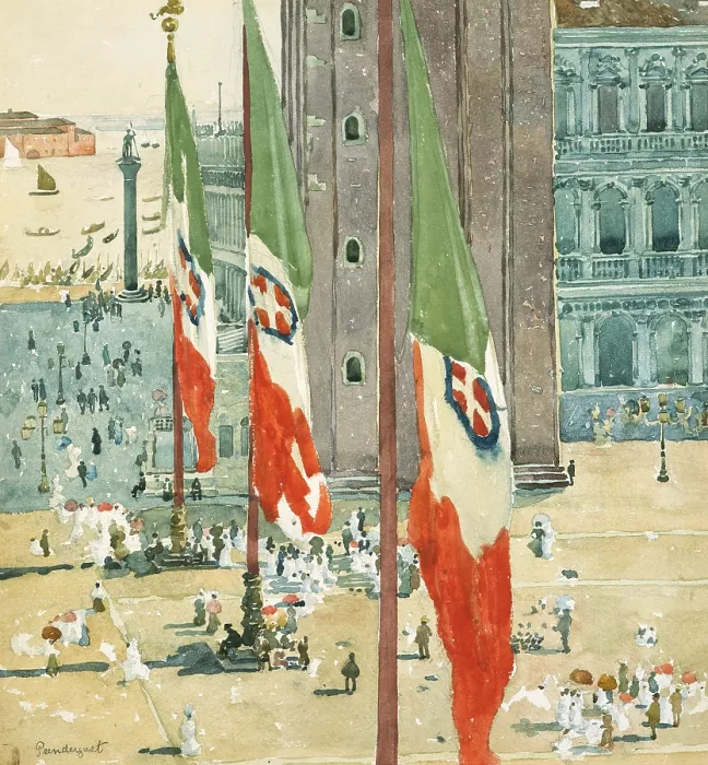 Framed Print : PIAZZA DI SAN MARCO, by Maurice Brazil Prendergast, 1898-99, American painting, watercolor. Flags dominate the scene, that recedes into the Venetian lagoon, with the St Framed Print : PIAZZA DI SAN MARCO, by Maurice Brazil Prendergast, 1898-99, American painting, watercolor. Flags dominate the scene, that recedes into the Venetian lagoon, with the St