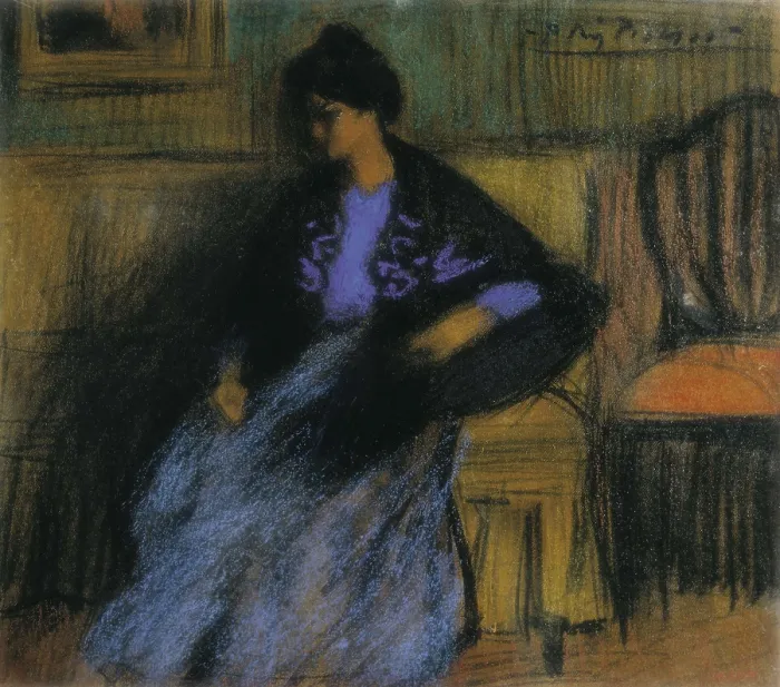 Framed Print : Picasso, Pablo (1881-1973). Seated Lady with a Shawl. 1899-1900. Charcoal and pastel on varnished paper. Drawing. SPAIN. Barcelona. Picasso Museum