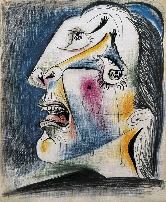 Framed Print : Picasso, Pablo (1881-1973). Sketch for 'Guernica'. Head crying (V). 1937. Graphite, colour bar and gouache on canvas paper. Drawing. SPAIN. Madrid