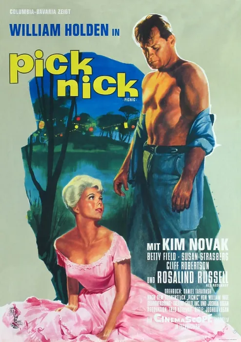 Framed Print : PICNIC, (aka PICKNICK), l-r: Kim Novak, William Holden on German poster art, 1955
