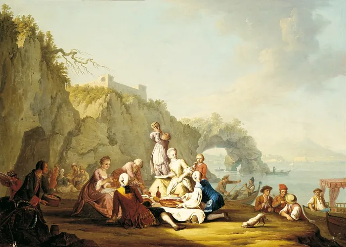 Framed Print : Picnick in Posillipo (Picnic a Posillipo), by Pietro Fabris, 18th Century, oil on canvas - Whole artwork view Framed Print : Picnick in Posillipo (Picnic a Posillipo), by Pietro Fabris, 18th Century, oil on canvas - Whole artwork view