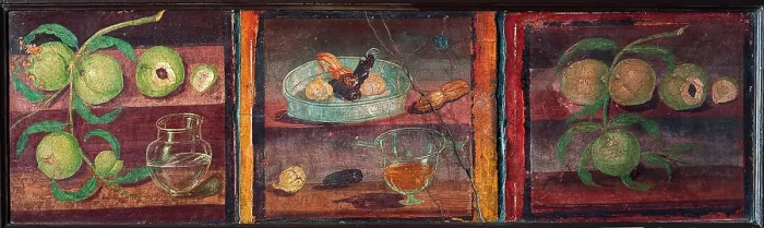 Framed Print : Pictures with Still Lifes, by unknown artist, 45-79, 1st Century A.D. ripped fresco, 40 x 119 cm - Italy, Campania, Naples, National Archaeological Museum, Room LXXIV, inv. 8645 Framed Print : Pictures with Still Lifes, by unknown artist, 45-79, 1st Century A.D. ripped fresco, 40 x 119 cm - Italy, Campania, Naples, National Archaeological Museum, Room LXXIV, inv. 8645