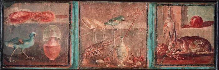 Framed Print : Pictures of Still Lifes, by unknown artist, 62-79, 1st Century A.D. ripped fresco, 41 x 129 cm - Italy, Campania, Naples, National Archaeological Museum, Room LXXIV, inv. 8644 Framed Print : Pictures of Still Lifes, by unknown artist, 62-79, 1st Century A.D. ripped fresco, 41 x 129 cm - Italy, Campania, Naples, National Archaeological Museum, Room LXXIV, inv. 8644