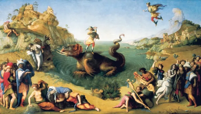 Framed Print : Piero di Cosimo, Pietro di Lorenzo, called (1462-1521). Perseus Frees Andromeda (Perseo libera Andromeda). ca. 1489-1521. Renaissance art. Cinquecento. Oil on canvas. ITALY