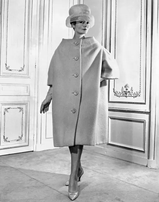 Framed Print : Pierre Cardin women's voluminous coat. It has simple lines, falling from the shoulders over the body, like a tent. Feb. 1959. (CSU_ALPHA_1303) CSU Archives / Everett Collection