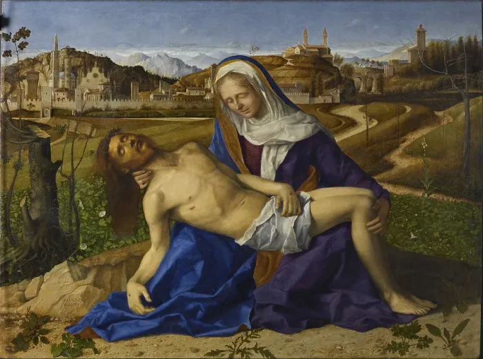 Framed Print : Piet (from the Don delle Rose Collection), by Giovanni Bellini, 1504 - 1505 about, 16th Century, oil on panel, cm 65 x 87 - Italy, Veneto, Venice, Accademia Art Galleries