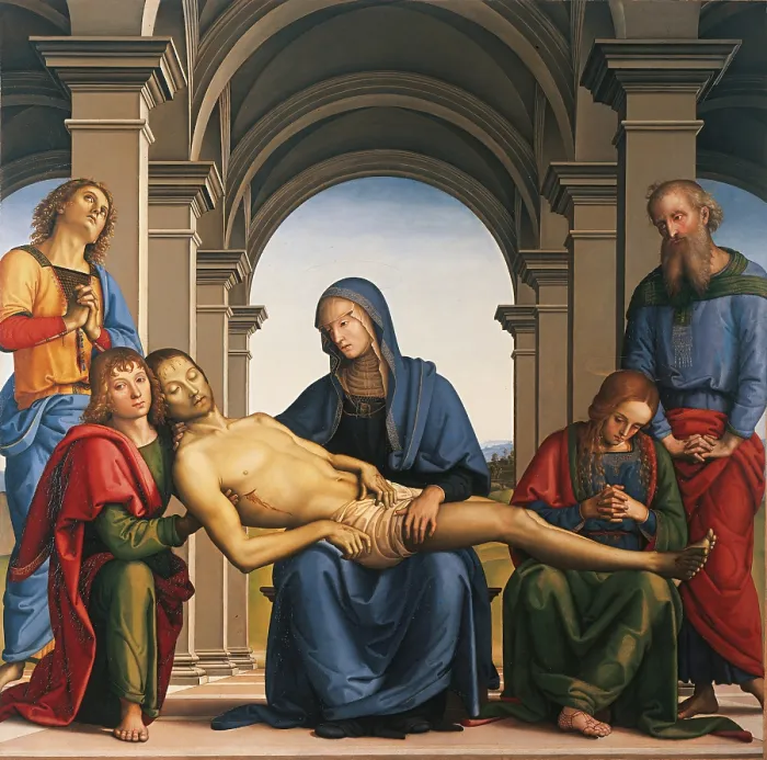 Framed Print : Piet (Lamentation over the Dead Christ), by Pietro Vannucci known as Perugino, 1494 - 1495, 15th Century, panel, cm 168 x 176 - Italy, Tuscany, Florence, Uffizi Gallery. All