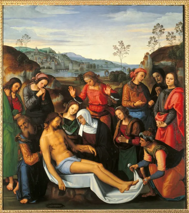 Framed Print : Piet, by Pietro Vannucci known as Perugino, 1495 about, 15th Century, panel, cm 195 x 220 - Italy, Tuscany, Florence, Palazzo Pitti, Palatine Gallery. All