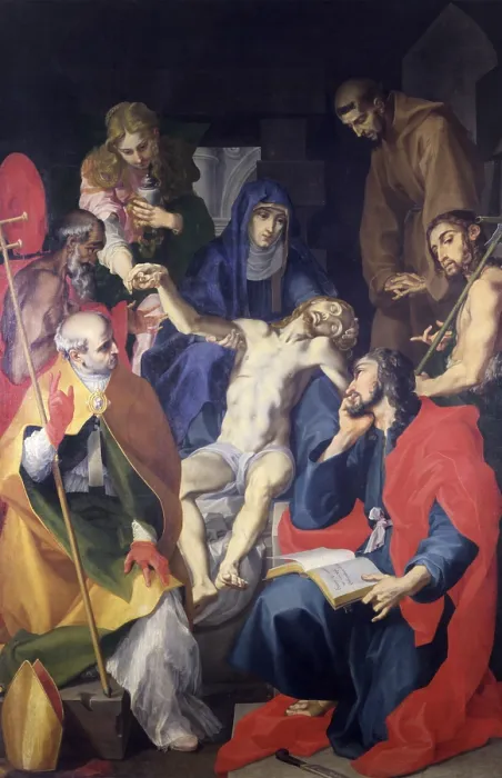 Framed Print : Piet with Saints Pier Grisologo, Jerome, Mary Magdalene, John the Baptist and Bartholomew, by Andrea Lilli, first half of the 17th Century, oil on canvas - Italy, Emilia Romagna