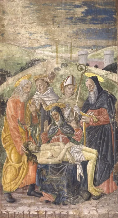 Framed Print : Piet with Saints, by Unknown Artist, 15th Century, fresco - Italy, Lombardy, Pavia, Church of Saint Mary of the Carmine. Whole artwork view. Piet with Saints, probably St Framed Print : Piet with Saints, by Unknown Artist, 15th Century, fresco - Italy, Lombardy, Pavia, Church of Saint Mary of the Carmine. Whole artwork view. Piet with Saints, probably St