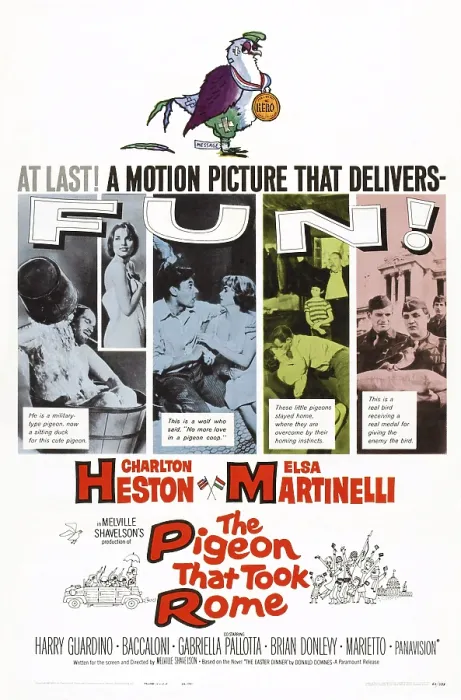 Framed Print : THE PIGEON THAT TOOK ROME, poster art, l-r: Charlton Heston, Elsa Martinelli, Harry Guardino, Gabriella Pallotta, Salvatore Baccaloni, 1962