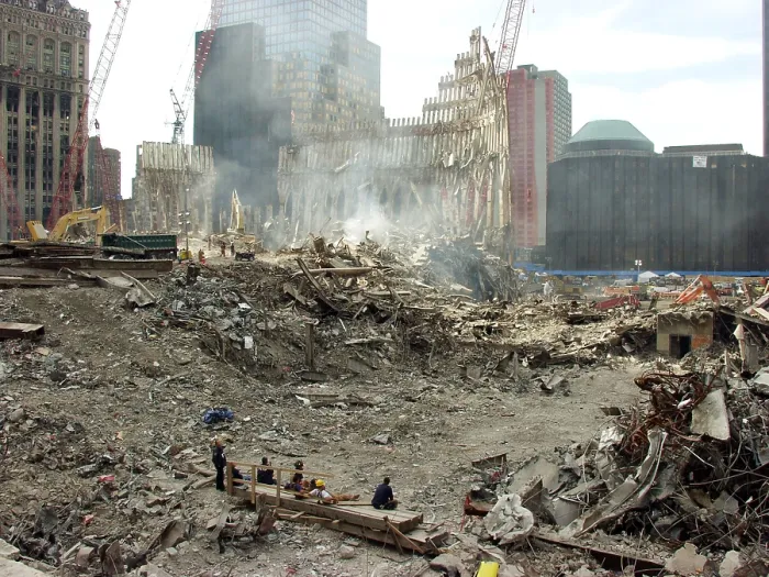 Framed Print : Pile of debris from the South Tower of World Trade Center a month after the terrorist attack. Oct. 10, 2001