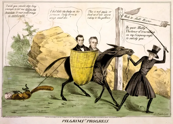 Framed Print : Pilgrims progress, showing ex-President Andrew Jackson leading the Democratic Party Donkey which carries James K