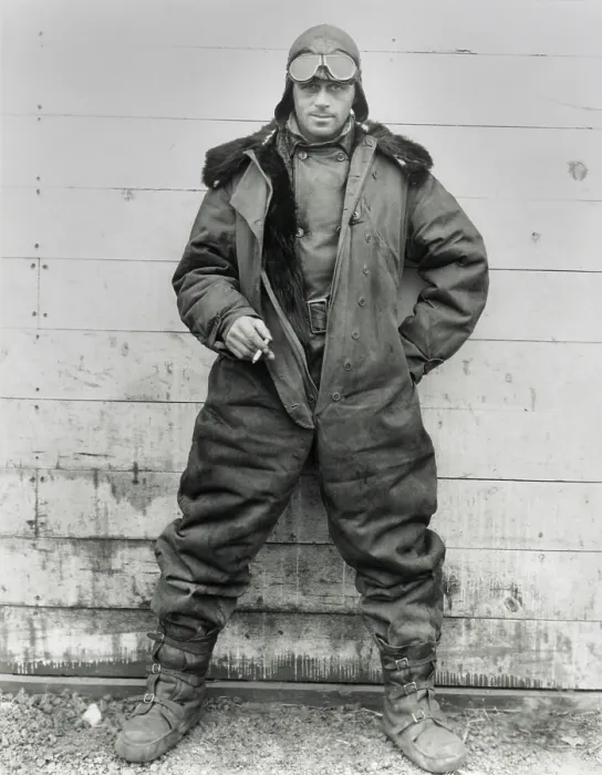 Framed Print : Pilot William C. Hopson, U.S. Air Mail Service in winter flying clothing, 1926. He wears an oversize fur-lined outer leather jumpsuit with double button front closure Framed Print : Pilot William C. Hopson, U.S. Air Mail Service in winter flying clothing, 1926. He wears an oversize fur-lined outer leather jumpsuit with double button front closure