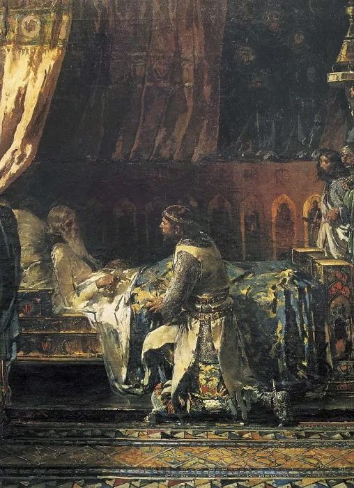Framed Print : PINAZO CAMARLENCH, Ignacio (1849-1916). Last Moments of King James I. 1887. SPAIN. Valencia. Generalitat Palace. Pedro II 'the Great' at the feet of Jaime I's bed Framed Print : PINAZO CAMARLENCH, Ignacio (1849-1916). Last Moments of King James I. 1887. SPAIN. Valencia. Generalitat Palace. Pedro II 'the Great' at the feet of Jaime I's bed