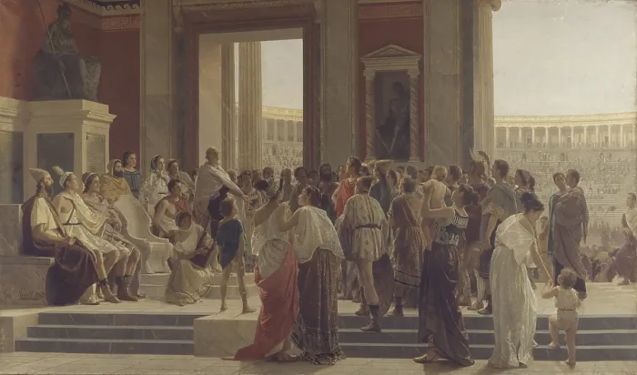 Framed Print : Pindar enhances a winner in the Olympic Games (Pindaro esalta un vincitore nei giochi olimpici), by Joseph Sciuti, 1872, 19th century, oil on canvas