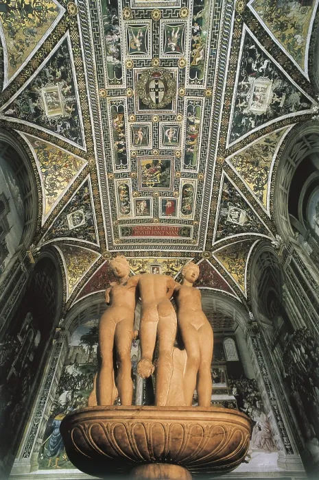 Framed Print : PINTURICCHIO, Bernardino di Betto, called Il (1454-1513). Piccolomini Library. 1502-1508. ITALY. TUSCANY. Siena. Cathedral. In the foreground, sculpture of the Three Graces