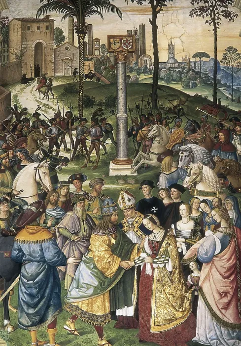 Framed Print : PINTURICCHIO, Bernardino di Betto, called Il (1454-1513). Piccolomini Library. Eneas Piccolomini introducing Leonor of Portugal to Frederick III. 1502-1508. ITALY. Siena