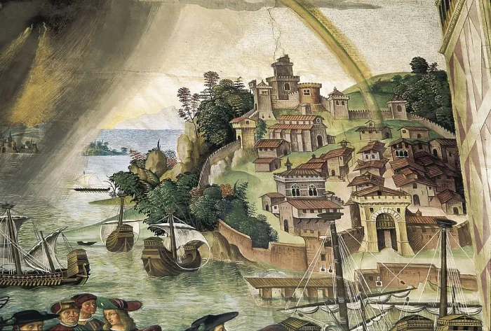 Framed Print : PINTURICCHIO, Bernardino di Betto, called Il (1454-1513). The Departure of Aeneas Silvius Piccolomini for Basel. 1502-1508. ITALY. Siena. Cathedral
