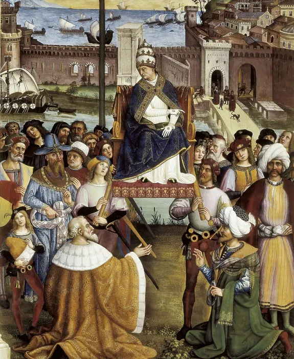 Framed Print : PINTURICCHIO, Bernardino di Betto, called Il (1454-1513). Piccolomini Library. Eneas Silvio as a commissioner of James II of Scotland. 1502-1508. ITALY. Siena. Cathedral Framed Print : PINTURICCHIO, Bernardino di Betto, called Il (1454-1513). Piccolomini Library. Eneas Silvio as a commissioner of James II of Scotland. 1502-1508. ITALY. Siena. Cathedral