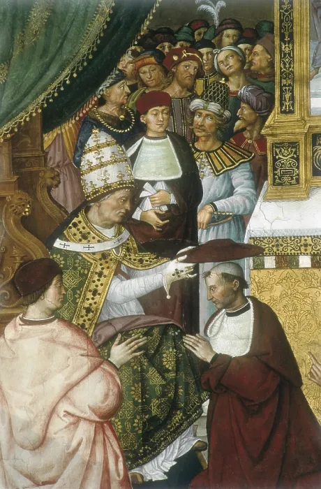 Framed Print : PINTURICCHIOBernardino di Bettocalled Il (1454-1513). Piccolomini Library. Pius II receiving the cardinal virtue. 1502-1508. ITALY. Siena. Cathedral. Detail with the Pope Pius II